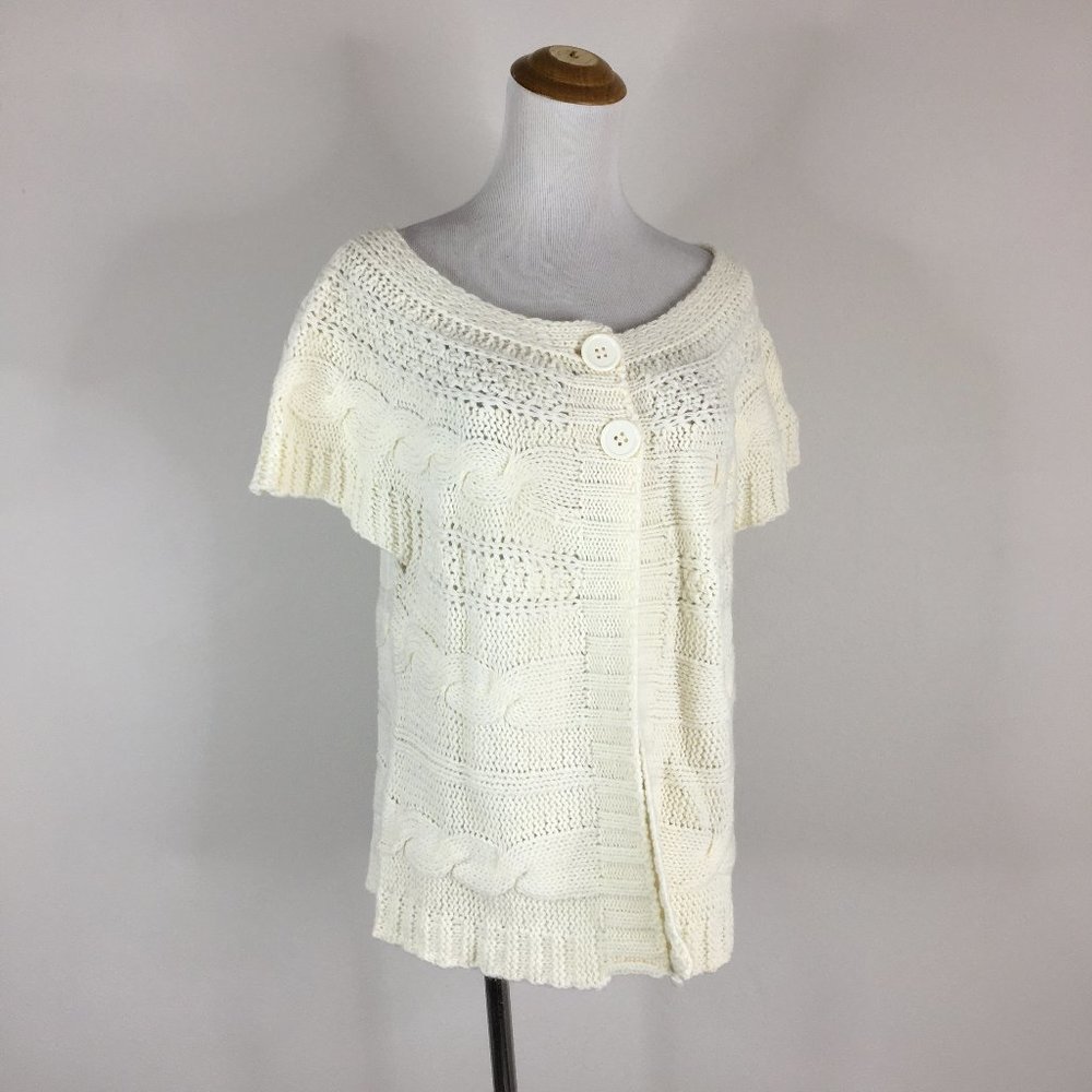 BERRITTI Italy Ivory Wool Blend Perforated Cable Knit Short Sleeve Cardigan